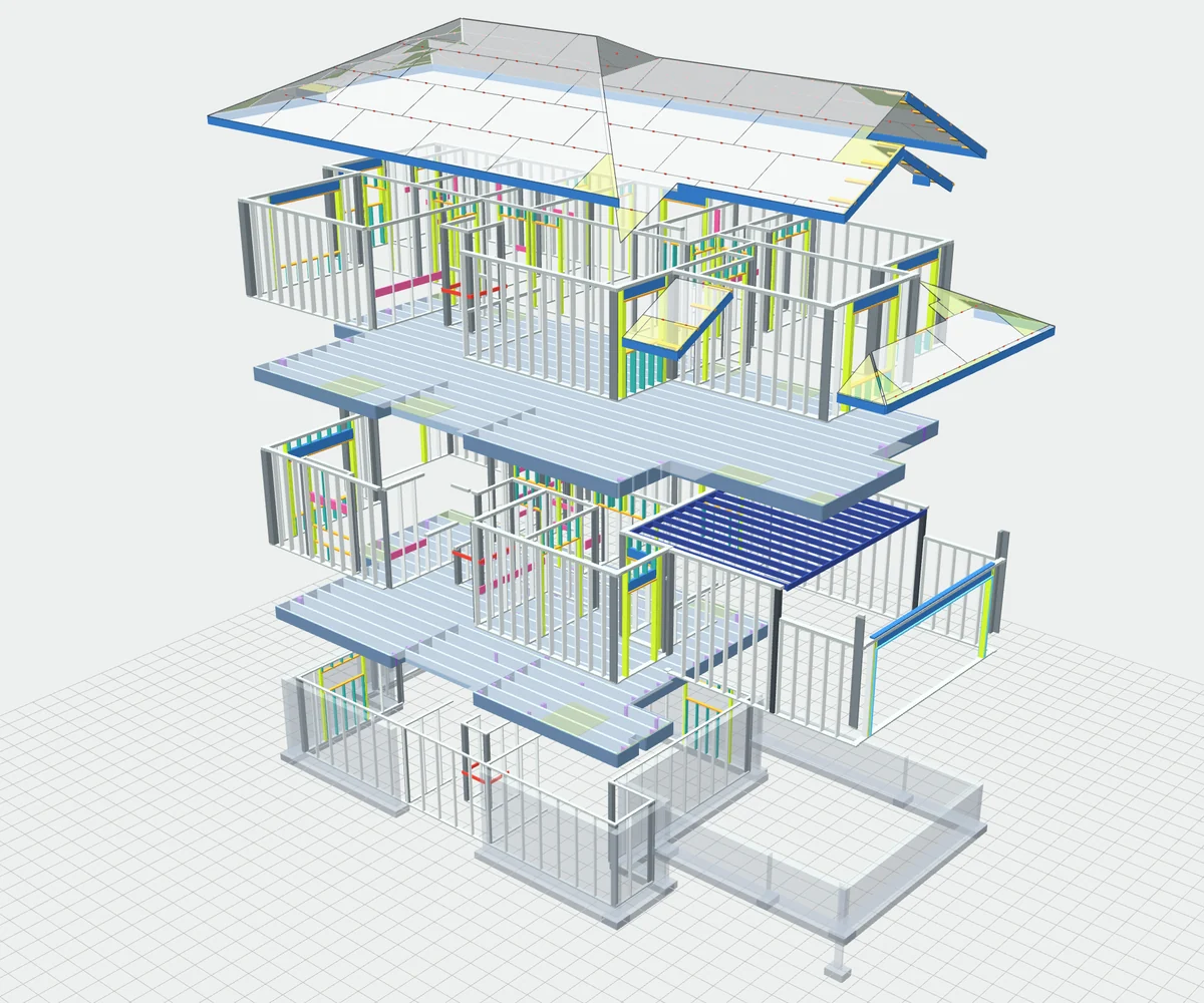 Exploded 3D framing model of a two-storey house: foundation walls, floor systems, wall framing and roof pulled apart level by level
